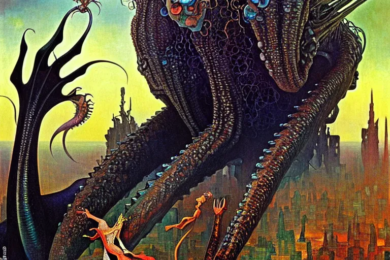 Image similar to realistic extremely detailed closeup portrait painting of a beautiful black woman with a mutant dragon, dystopian city on background by Jean Delville, Amano, Yves Tanguy, Ilya Repin, Alphonse Mucha, Ernst Haeckel, Edward Robert Hughes, Roger Dean, heavy metal 1981, rich moody colours