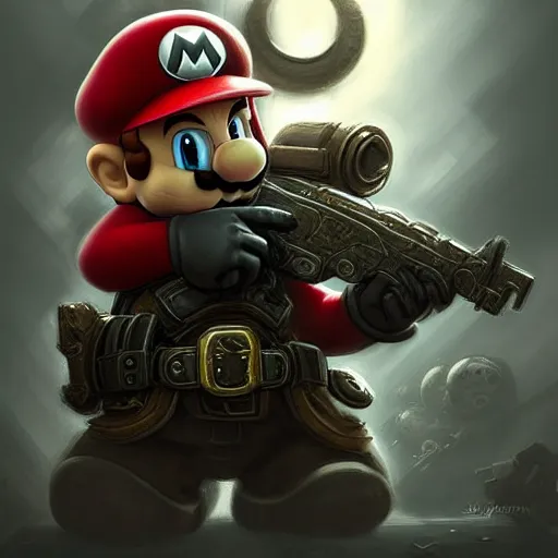 Prompt: cute little Super Mario in Gears of War cover art, ultra wide lens shot , tiny, small, short, cute and adorable, pretty, beautiful, DnD character art portrait, matte fantasy painting, DeviantArt Artstation, by Jason Felix by Steve Argyle by Tyler Jacobson by Peter Mohrbacher, cinematic lighting