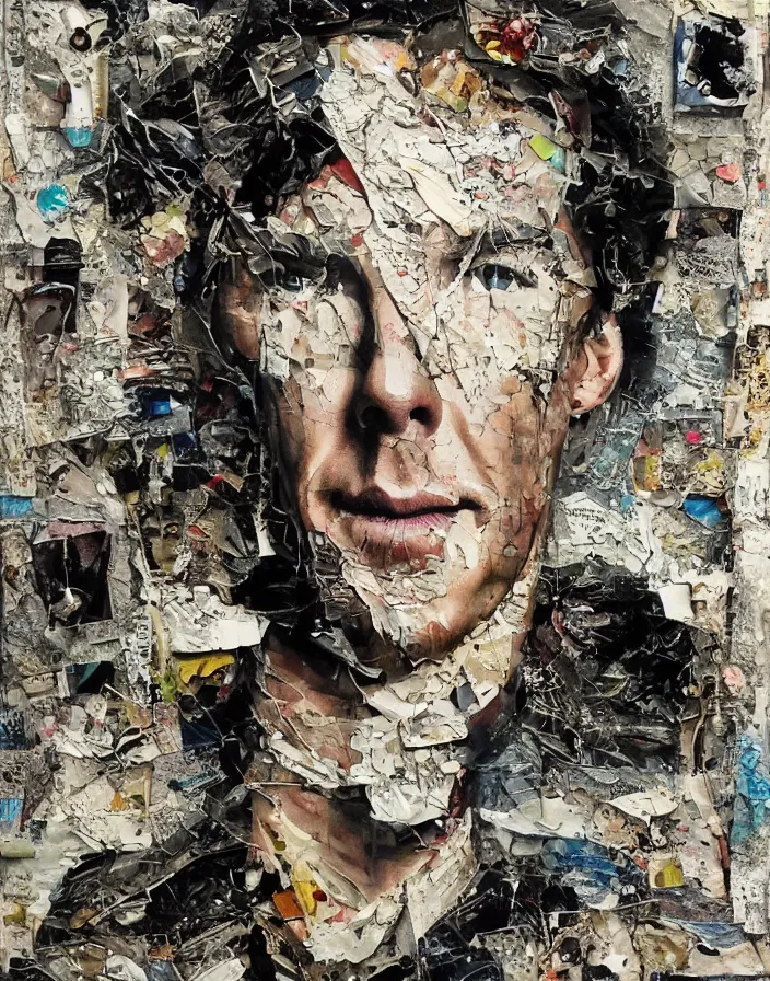 Prompt: one hundred torn photos!!!! of benedict cumberbatch detailed mixed media collage with canvas texture in style of contemporary art, punk art, photorealism, sensual bodies, expressionism, masterpiece, perfect composition, spectacular quality, intricate oil details, broken glass photo, torn paper intricate texture, large cracks, liquid glue spots