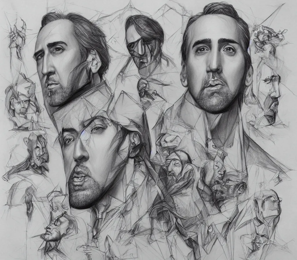 Prompt: many sketches of nicholas cage, on a notebook page, pencil, by Peter Mohrbacher technical drawing