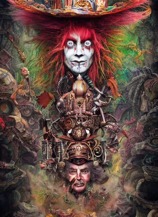 Image similar to mad hatter, aztec god, highly detailed, cinematic, 8 k, by megan duncanson, benjamin lacombe, adrian borda, stanley artgermm, tom bagshaw, craig mullins, carne griffiths, ayami kojima, beksinski, giger, trending on deviantart, hyper detailed, horror, full of colour