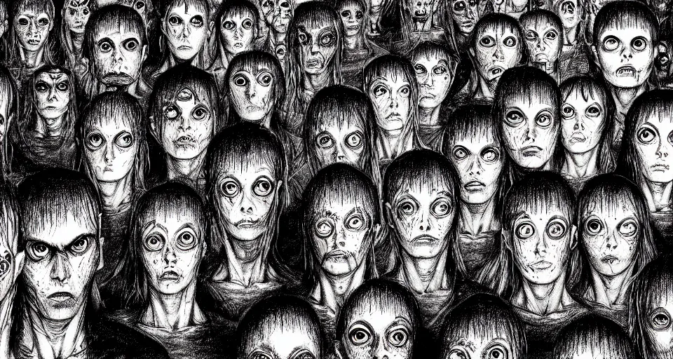 Prompt: a room with walls made from human faces, by junji ito and david lapham, hand drawn art, comic book, anime concept art, gritty, body horror, moody colors, trending on artstation, ultra high detail, focused