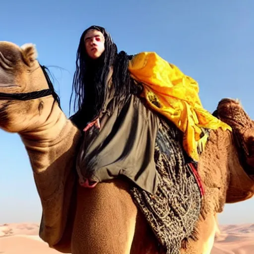 Image similar to close up shot of billie eilish riding a camel