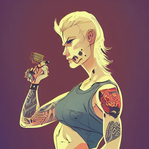 Prompt: character concept art, stoic heroic emotionless square-jawed butch blonde handsome tattooed woman engineer, tribal face tattoo, wearing tank top and cargo pants, holding slide rule, science fiction, in the Style of Artgerm and Charlie Bowater and Atey Ghailan and Mike Mignola, vibrant colors and hard shadows and strong rim light, Comic Cover Art, plain background, trending on artstation