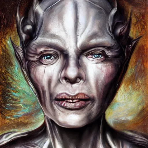 Image similar to Giger portrait of the dragon queen, Dragon in dragon lair, HD, full body dragon concept, flying dragon, Human body with dragon features, beautiful queen, perfect face, ray tracing, 4k realistic 3d rendered portrait, soft shading, soft colors, relaxed colors, hyperdetailed, wide angle lens, fantasy, futuristic horror, style of giger