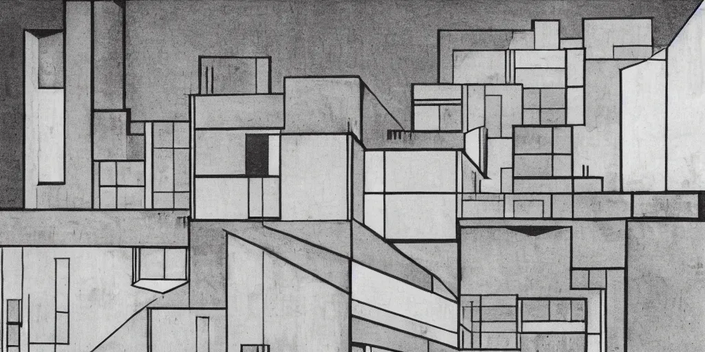 Prompt: brutalist building facing. yugoslavia, le corbusier, central symmetry, golden ratio, black and white color scheme, etching render