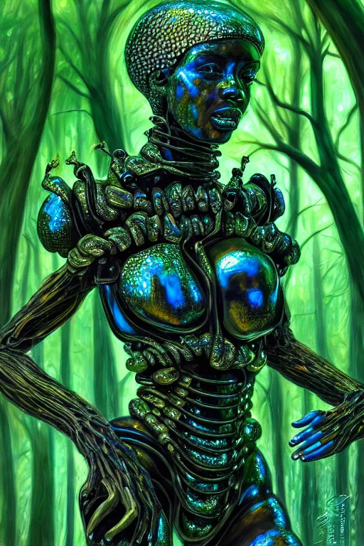 Image similar to hyperrealistic post - baroque super expressive! black woman with exoskeleton armor, merging with tree in a forest, highly detailed digital art masterpiece smooth cam de leon eric zener dramatic pearlescent blue green light ground angle hd 8 k sharp focus