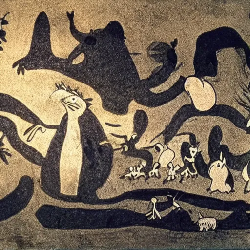 Prompt: the moomins, prehistoric cave painting, photograph taken in cave