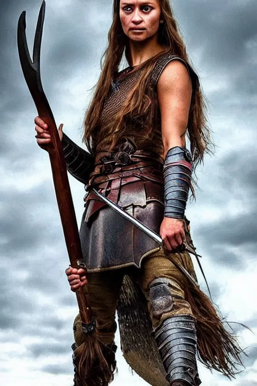 Prompt: gorgeous!! hyper - realistic woman resembling alicia vikander as a viking warrior wielding a giant axe