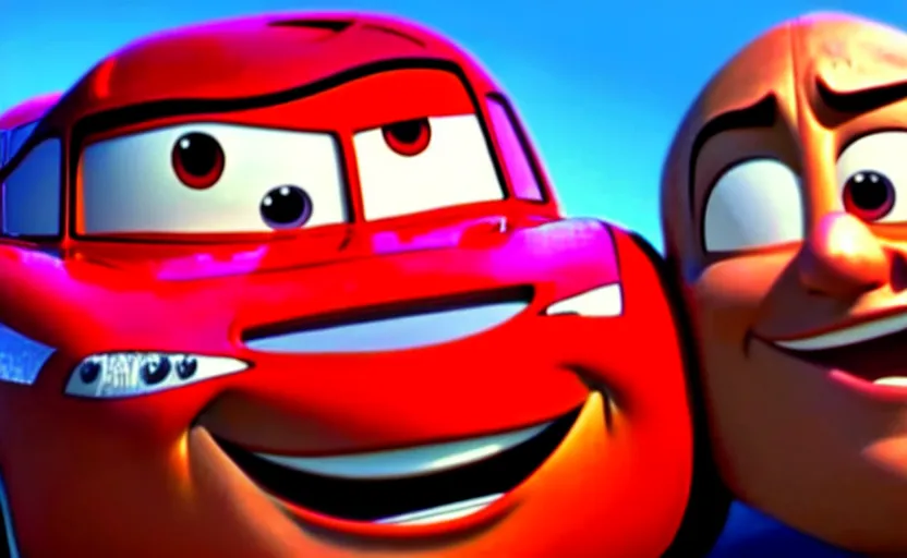 Image similar to lightning mcqueen from cars the movie hugging vin diesel,