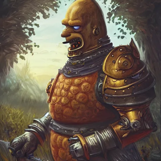 Image similar to portrait of homer simpson wearing armor, fighting a dragon in a mystical forest, dark fantasy, dnd style, mediaeval armor, highly detailed, intricate, holy, artstation, artistic