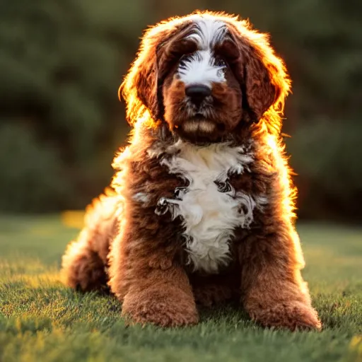 Prompt: a bernedoodle puppy at golden hour, bokeh, 3 2 megapixel