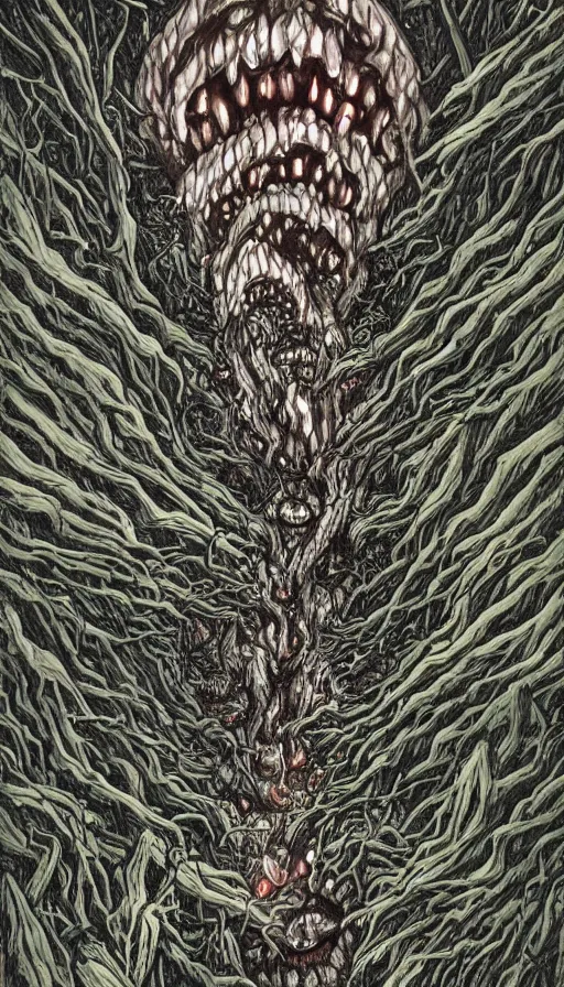 Image similar to a storm vortex made of many demonic eyes and teeth over a forest, by studio 4 c