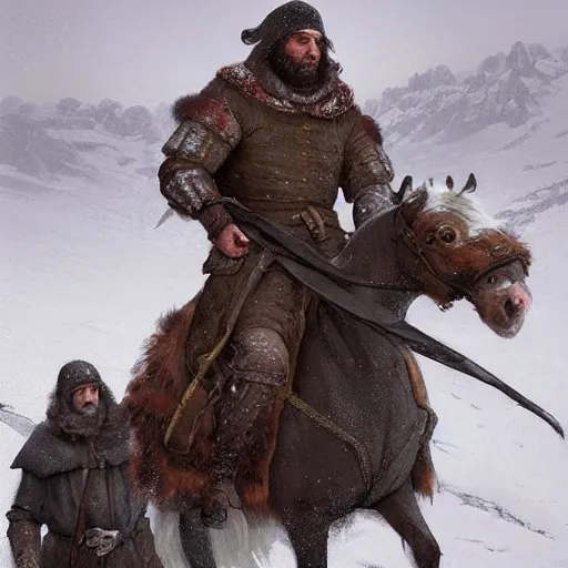 Prompt: “Two medieval men carrying furs on horseback in the snow in the middle of the mountains, snow storm, fantasy, highly detailed, digital painting, artstation, concept art, illustration, art by Greg Rutkowski and Marc Simonetti