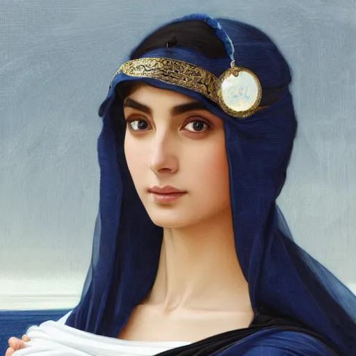 Prompt: greek Ameera al-Taweel, blue eyes, wavy black hair, white veil, highly detailed, digital painting, artstation, concept art, smooth, sharp focus, illustration, ArtStation, art by artgerm and greg rutkowski and alphonse mucha and J. C. Leyendecker and Edmund Blair Leighton and Katsuhiro Otomo and Geof Darrow and Phil hale and Ashley wood and Ilya repin and Charlie Bowater