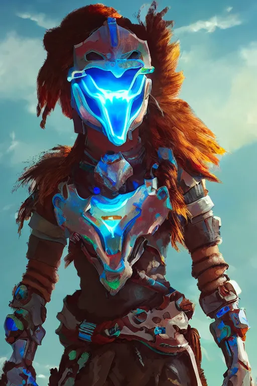 Image similar to combination suit armor aloy horizon forbidden west horizon zero dawn radiating a glowing aura global illumination ray tracing hdr fanart arstation by ian pesty and alena aenami artworks in 4 k tribal robot ninja mask helmet backpack