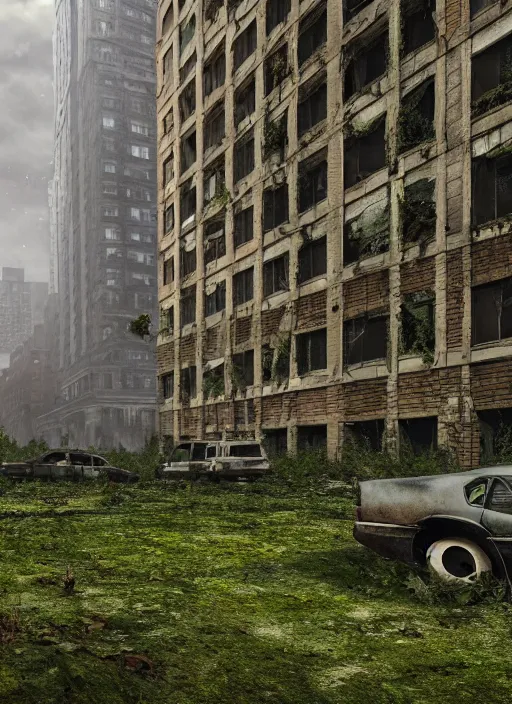 Prompt: a post - apocalyptic chicago, collasped buildings, a dark forest, vines and moss growing over buildings, abandoned aparment buildings, grunge, hyper real, cinematic photo, octane render, insanely detailed, 8 k