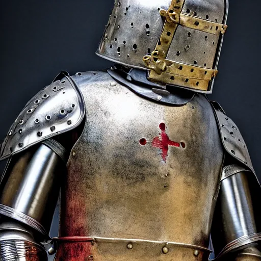 Image similar to one - armed medieval armored knight with a bucket on his head instead of a helmet, highly detailed photography