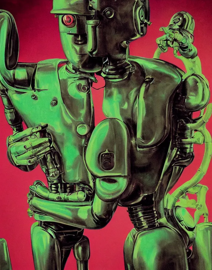 Prompt: a suited metal robot!!!! hugging a retro real - life housewife!!!!, 1 9 5 0 s horror film movie poster style, ( norman rockwell oil painting ), close - up shot, tight shot, profile shot, retro science fiction, vintage, saturated pink and green lighting, shadowy lighting