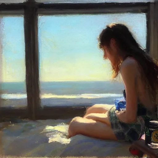 Image similar to “ a girl sitting on rockaway beach drinking a can of beer, morning light, by daniel gerhartz ”