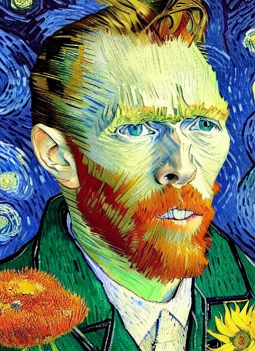 Image similar to hyper realistic vincent van gogh holding a flower drawn by chiara bautista and norman rockwell and greg rutkowski weta studio, and lucasfilm