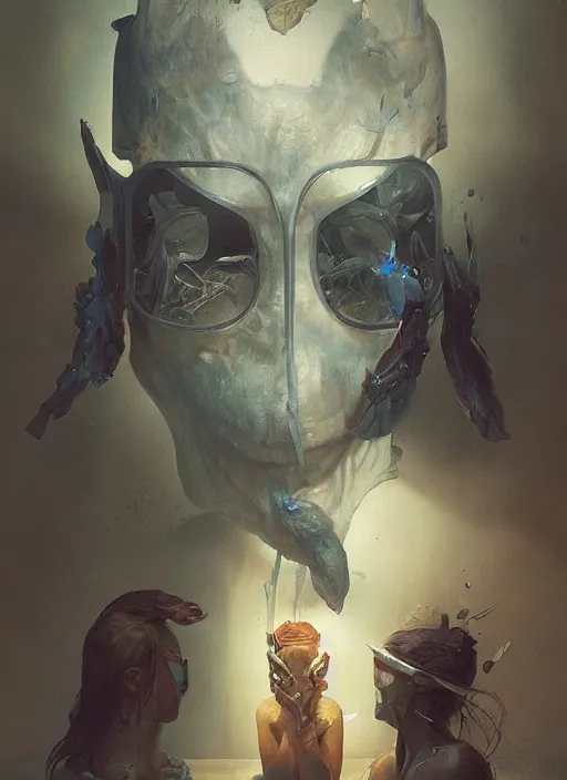 Prompt: the masks come off at night, photorealistic by michael komarck, greg rutkowski, victo ngai, artgerm, willem claesz heda and j. dickenson