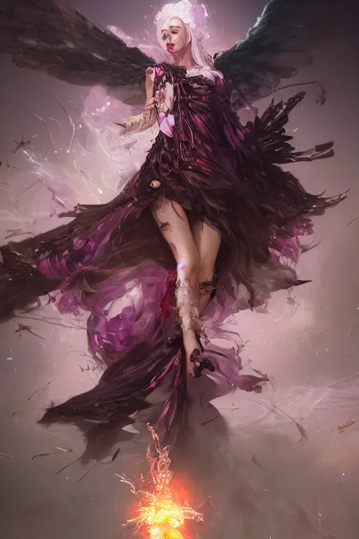 Image similar to beautiful girl necromancer, witch - doctor exploding into flowers fire crystal dress, angels, 3 d render, hyper - realistic detailed portrait, holding electricity and birds, ruan jia, wlop. scifi, fantasy, magic the gathering, hyper detailed, octane render, concept art by artgerm, peter mohrbacher