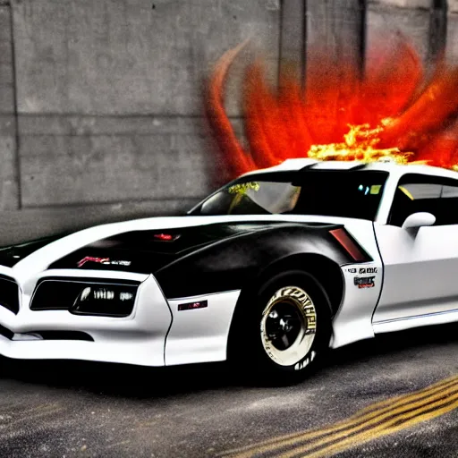 Prompt: black pontiac firebird trans - am with flames graphics on the chassis, sunrise, cinematic, motionblur, sunbeams, volumetric lighting, wide shot, low angle, lightning striking the car