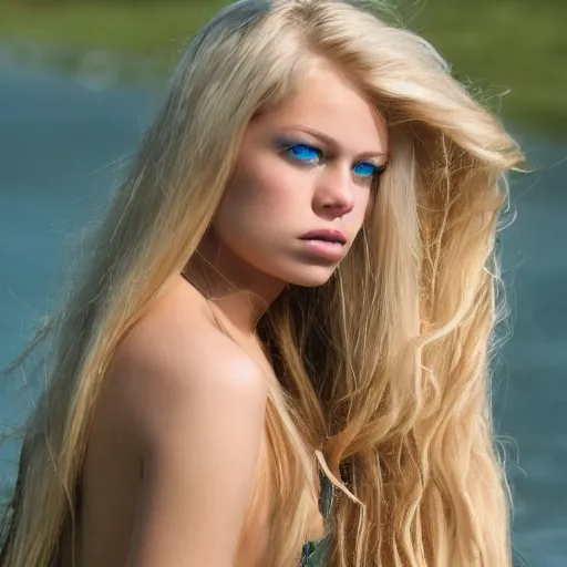 Image similar to photograph : a very beautiful teenage model with 2 0 meters extremely long blond hair, full body, extremely long wavy 2 0 meters long blond hair, sky blue eyes, full round face,, bikini, miniskirt, front shot, extremely long thick blond hair