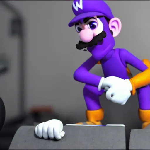 Image similar to waluigi on the gym, claymation, 8 k, hyperdetalied, cgsociety,