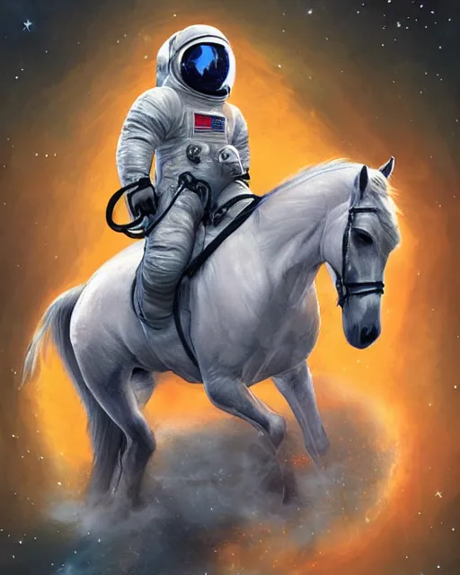 Prompt: horse sitting on top of astronaut, artstation