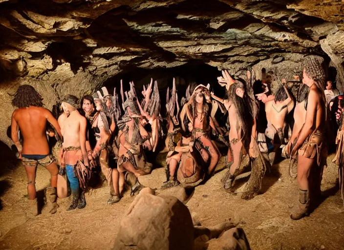 Image similar to neolithic people at a psytrance festival in a cave