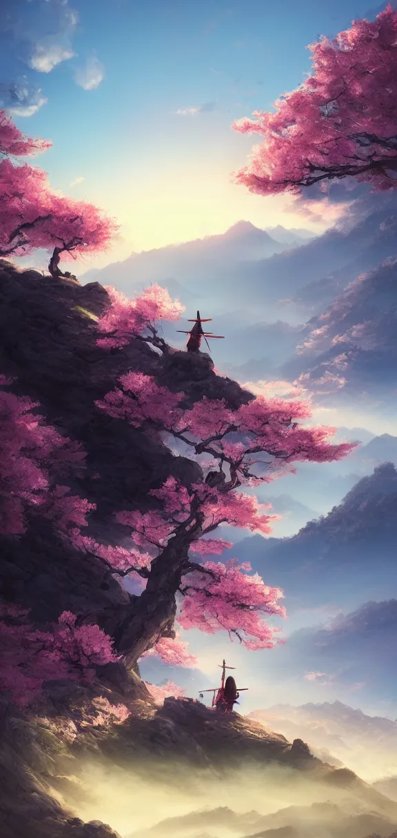 Image similar to samurai resting on a mountain top, cool dawn sky, sakura tree by sylvain sarrailh, rossdraws, ambient light, ultra detailed, fantasy artwork, 8 k, volumetric lighting, trending on artstation, award winning, very beautiful.