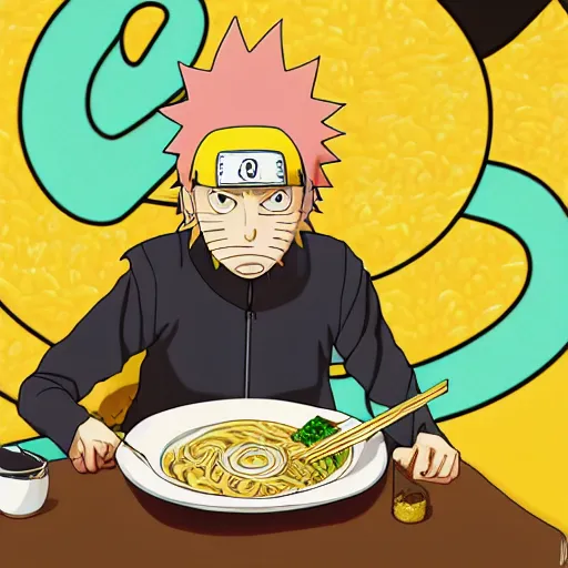 Image similar to naruto uzumaki eating ramen in the artstyle of Rick and Morty, hyperdetailed, artstation, digital art, photorealism, accurate, 8k,