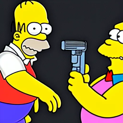 Image similar to homer simpson holding peter griffin at gunpoint