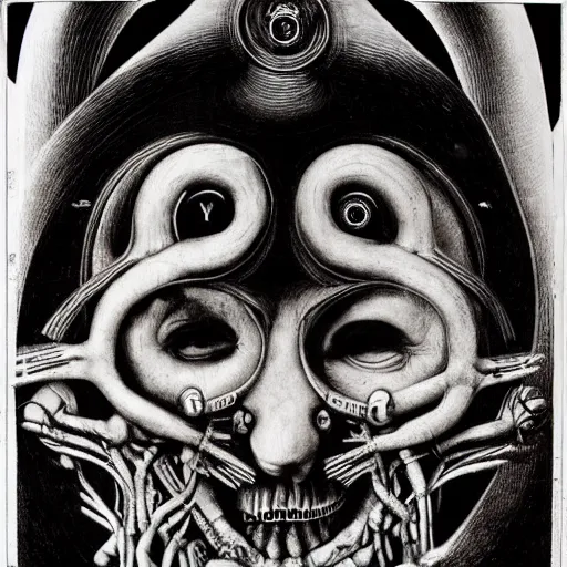 Image similar to post - punk new age album cover, asymetrical design, magic, apocalypse, psychedelic, black white pink, magic, giger h. r., giuseppe arcimboldo