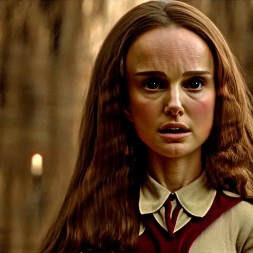 Image similar to natalie portman as hermione granger, ultra realistic, harry potter movie screenshot, cinematic, beautiful, sense of awe