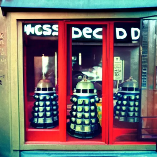 Prompt: daleks at a vintage McDonalds drive thru window, kodak Ektachrome 10, 35mm