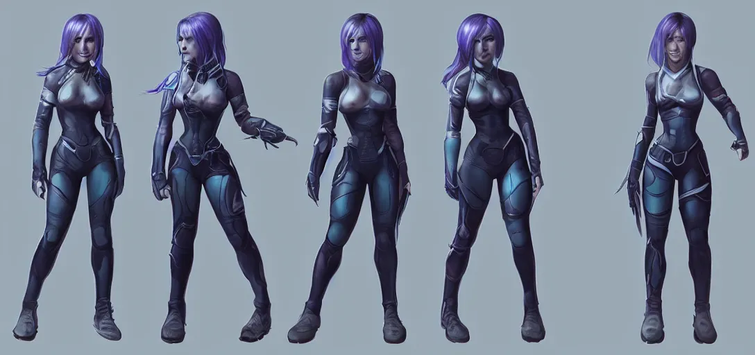 Image similar to character sheet concept art of female video game characters, cortana, renaissance, futurepunk, bright, parkour, rebel, realistic, hyperrealistic, photographic, costume, by marc brunet and artgerm