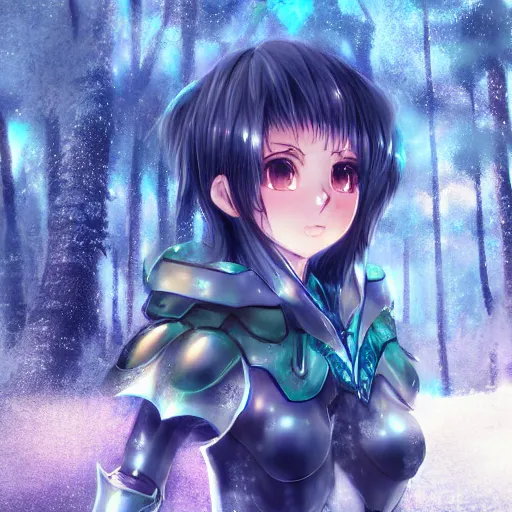 Image similar to portrait focus of knight beautiful 3D anime girl, water armor wearing, dark forest background, snowing, bokeh, inspired by Masami Kurumada, digital painting, high contrast, unreal engine render, volumetric lighting, high détail