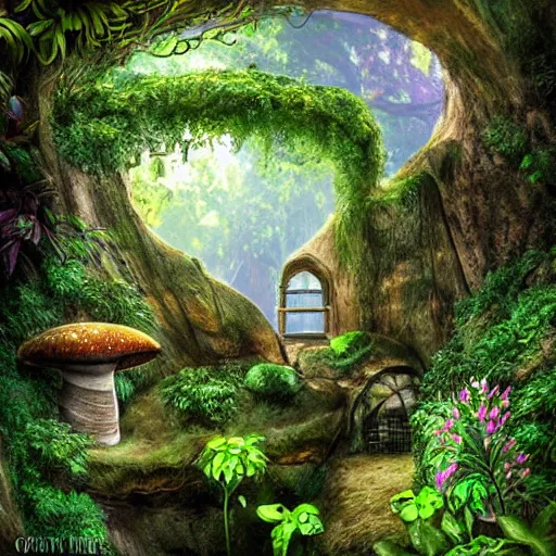 Prompt: ”mystical cavern entrance with lush vegetation and shiny mushrooms”