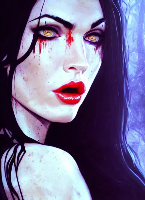 Image similar to portrait of megan fox as a evil vampire queen, bloody tears, jewelry, greek, dark, intricate, headshot, vampirism fangs, key visual, conceptart, ambient lighting, highly detailed, digital painting, artstation, concept art, sharp focus, by makoto shinkai and akihiko yoshida and greg manchess