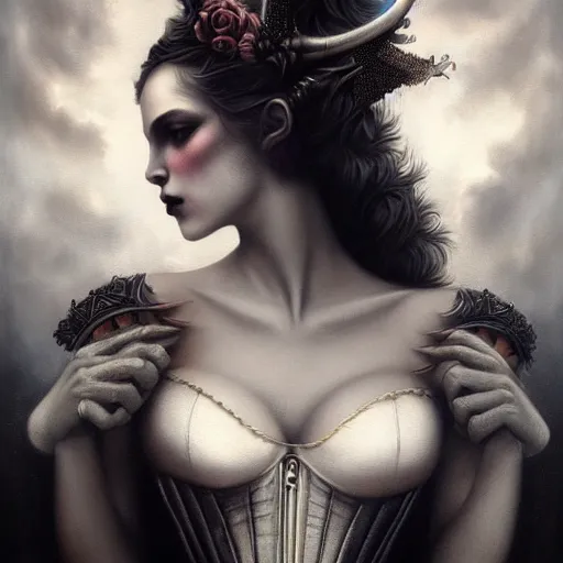 Prompt: By Tom Bagshaw, ultra realist soft painting of a curiosity carnival by night, very beautiful horn female gothic wearing corset, partial symmetry features, very intricate details, omnious sky, black and white, volumetric light clouds