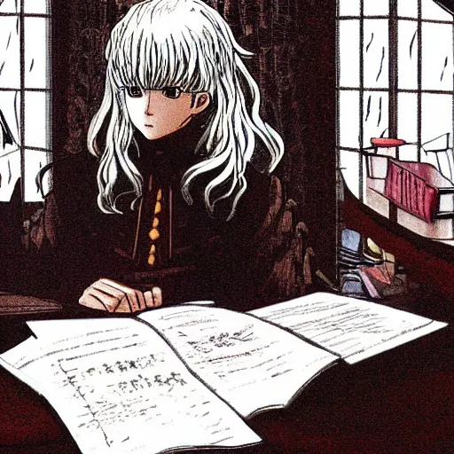 Prompt: griffith from berserk manga by kentaro miura sitting at his white house oval office desk