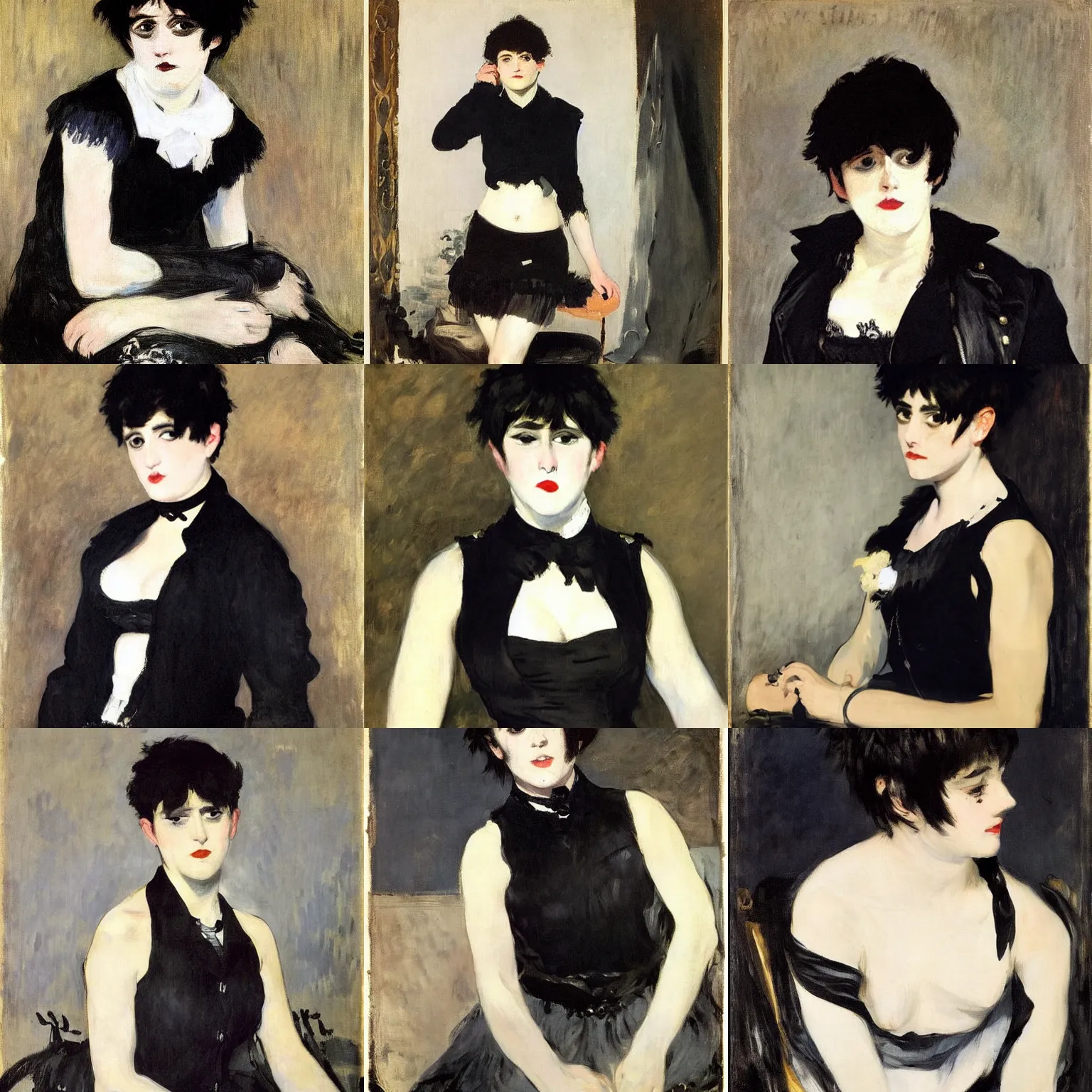 Prompt: an emo by edouard manet. her hair is dark brown and cut into a short, messy pixie cut. she has large entirely - black eyes. she is wearing a black tank top, a black leather jacket, a black knee - length skirt, a black choker, and black leather boots.