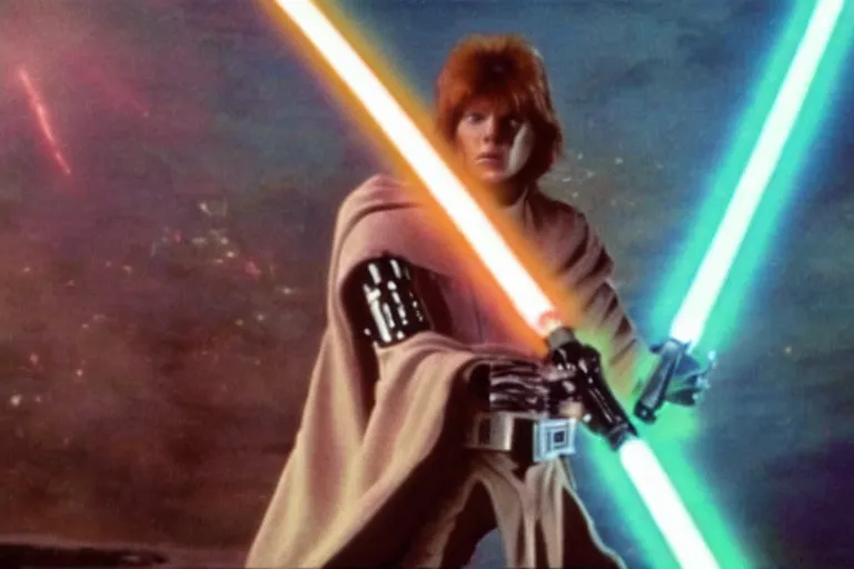 Image similar to scene from star wars: the empire strikes back, ziggy stardust turns on a lightsaber, amazing cinematography