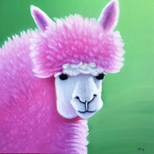 Image similar to fluffy pink alpaca on a cliff, oil painting