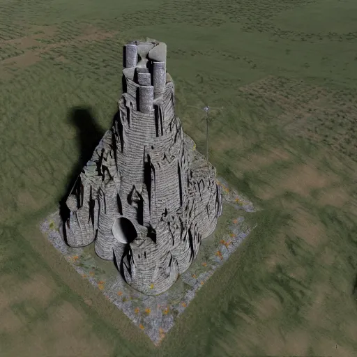 Image similar to Aerial view of a wizard's tower, surrounded by mines and caves