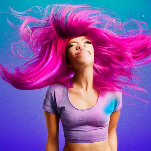 Image similar to a award winning full body shot of a beautiful woman in a croptop with a ombre purple pink teal hairstyle with head in motion and hair flying, outrun, vaporware, vivid colors, highly detailed, fine detail, intricate