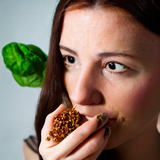 Image similar to a woman eating a salad made entirely of insects. close up photograph.